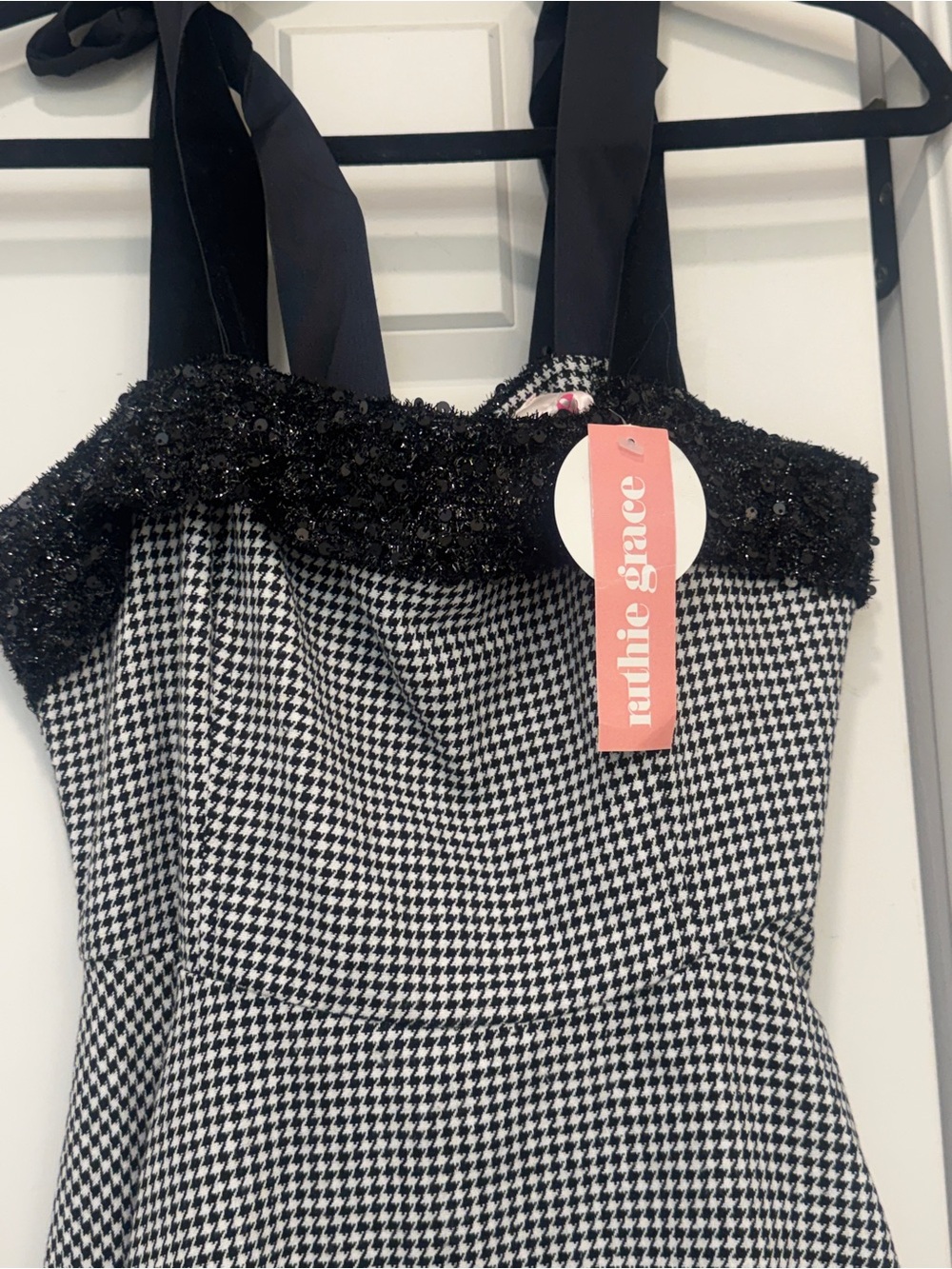 Ruthie Grace Black & White Houndstooth Woman’s Dress with Beaded Trim
